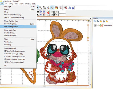 Picture of bunny machine embroidery design being edited