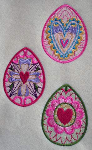 Picture of 3 machine embroidered Easter eggs at Sew Inspired by Bonnie