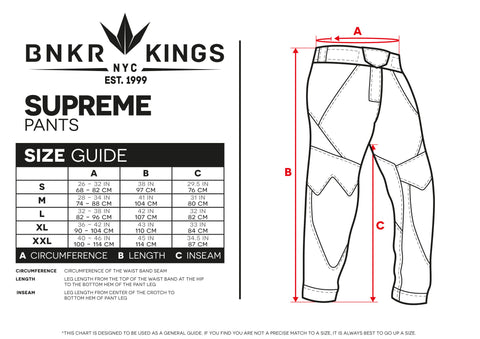 Size Guide Supreme Pants