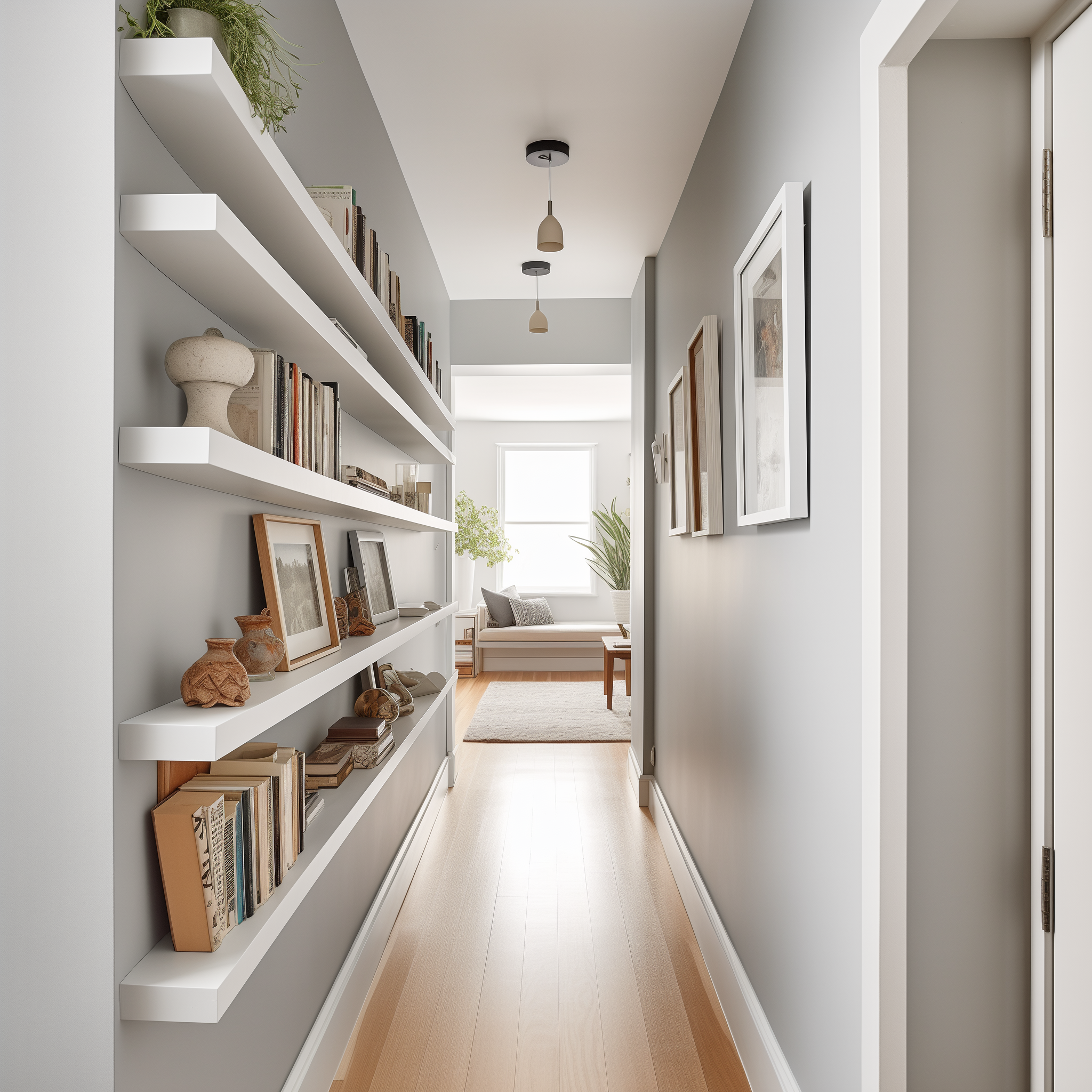 Hallway with built in shelves