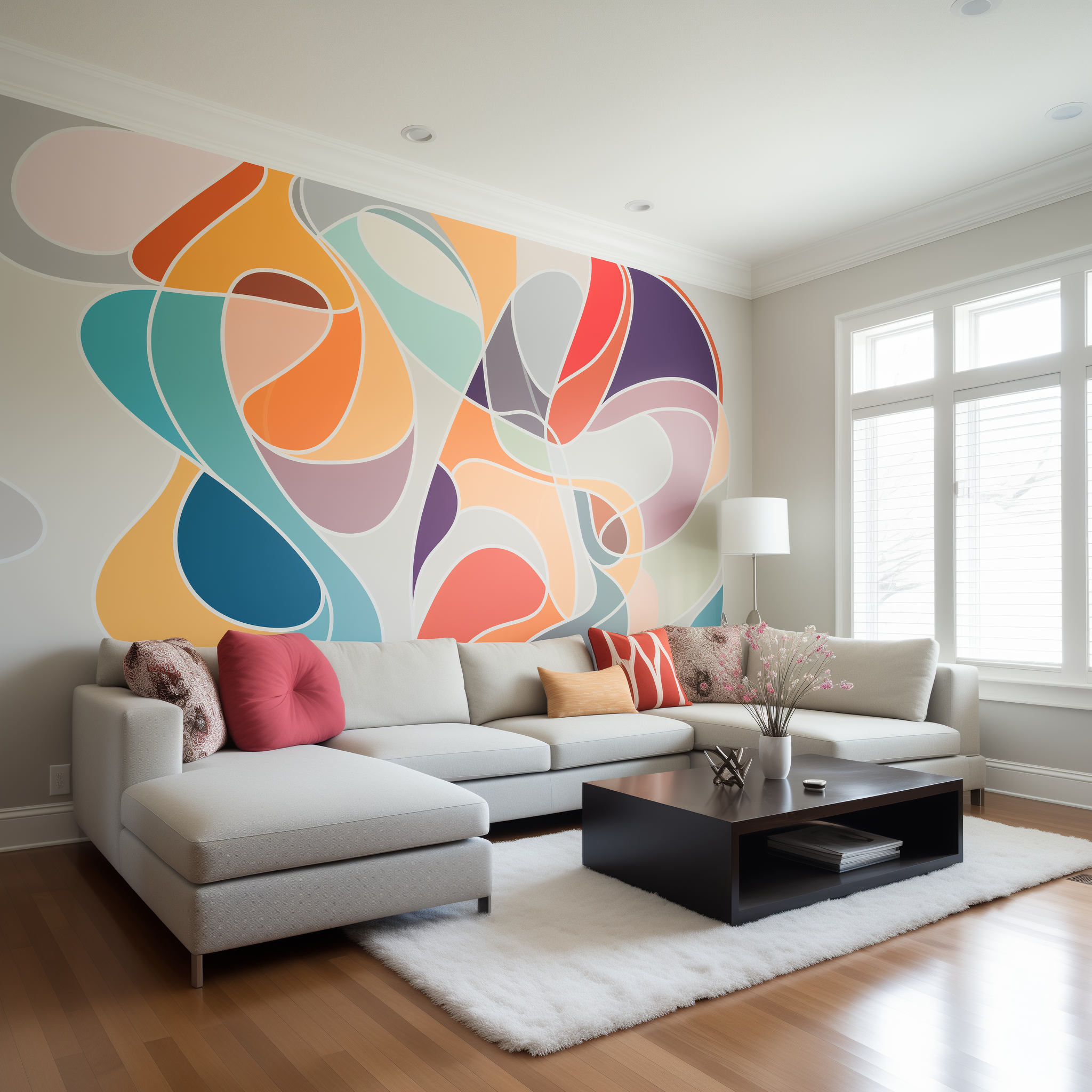 Living room with multi-color stenciled wall art