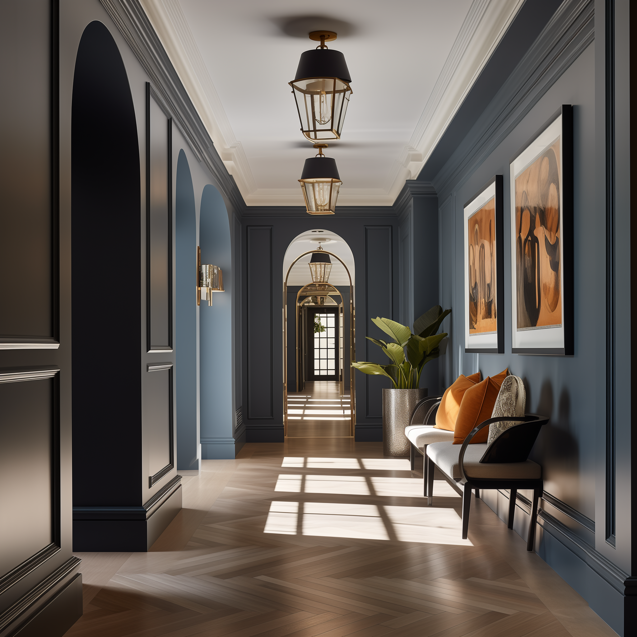 Hallway with bold blue walls and gold fixtures.