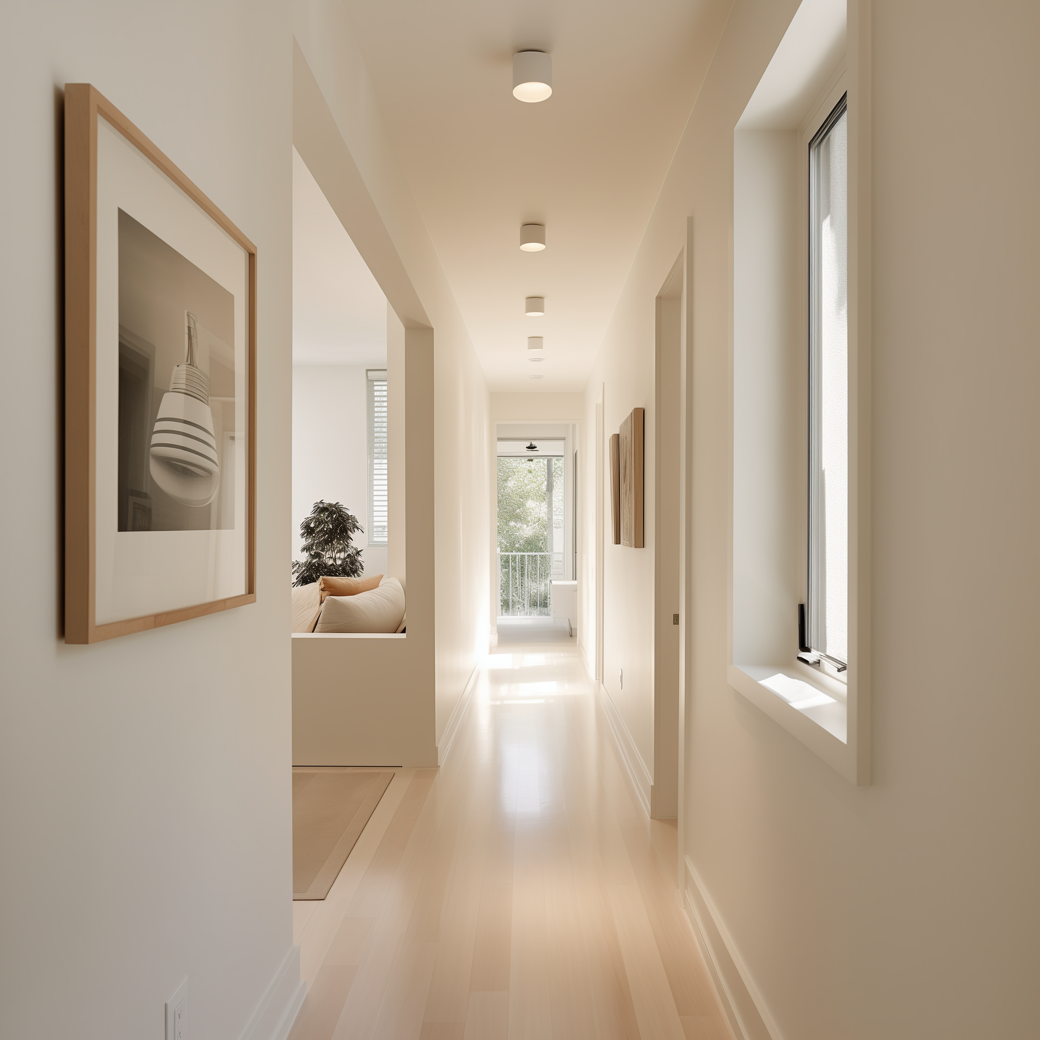 Hallway with neutral paint and natural light