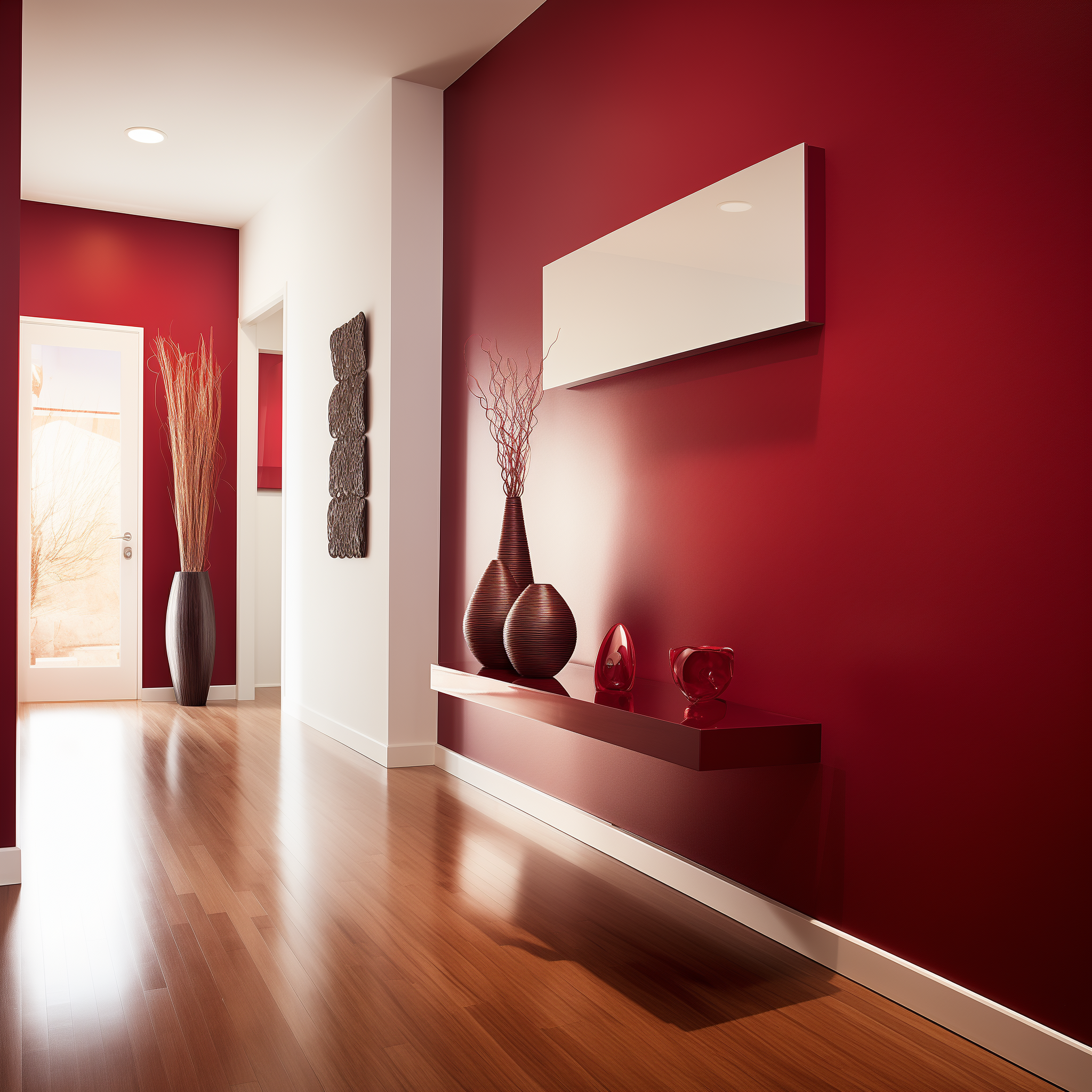 Entrance hallway with red accent wall