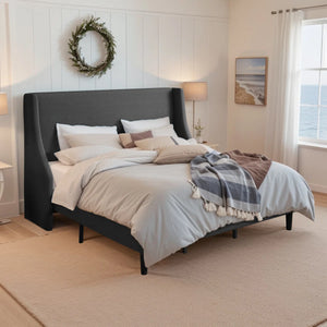 Bowdoin Modern Linen Upholstered Wingback Platform Bed with Wooden Slats, Dark Grey, King Size! (NEW IN BOX) - Big Catch Salvage and Thrift
