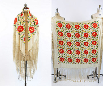 1920s silk piano embroidered floral silk scarf | vintage fringed wrap