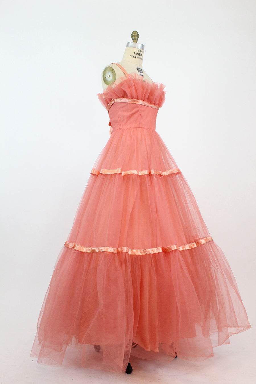 50s Emma Domb Gown XS  / 1950s Cupcake Tulle Dress / Coral Beauty Dress