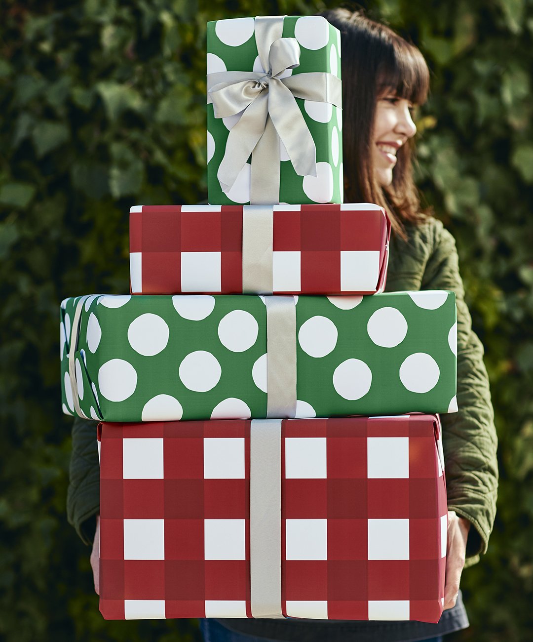 Reversible Wrapping Paper, Red Gingham/Green Dot
