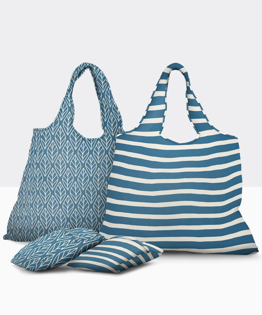 Recycled Foldable Poly Grocery Bags, Set of 2, Blue Leaf/Stripe