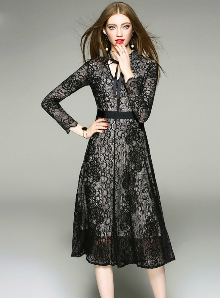 Black Lace Dress Full Sleeve Slim Calf Length – Lilacoo