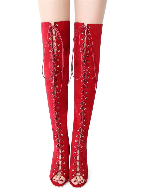 red thigh high peep toe boots
