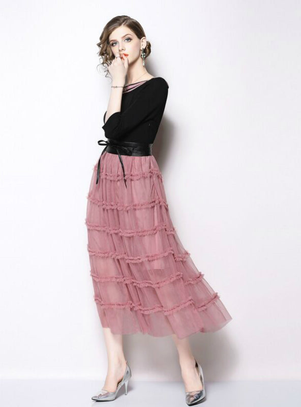 Pink 3/4 Sleeve Mesh Long Dress With Sash – Lilacoo