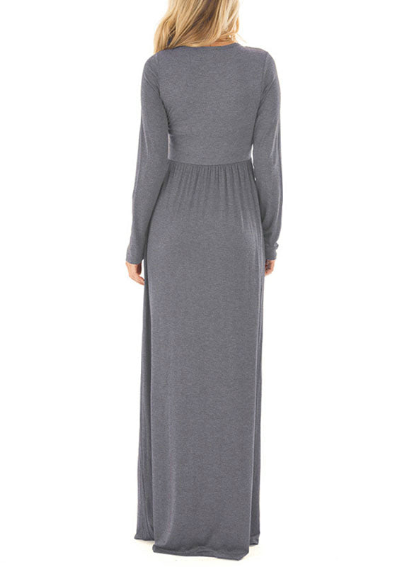 Solid Full Sleeve O-Neck Tunic Elastic Long Maxi Dresses – Lilacoo