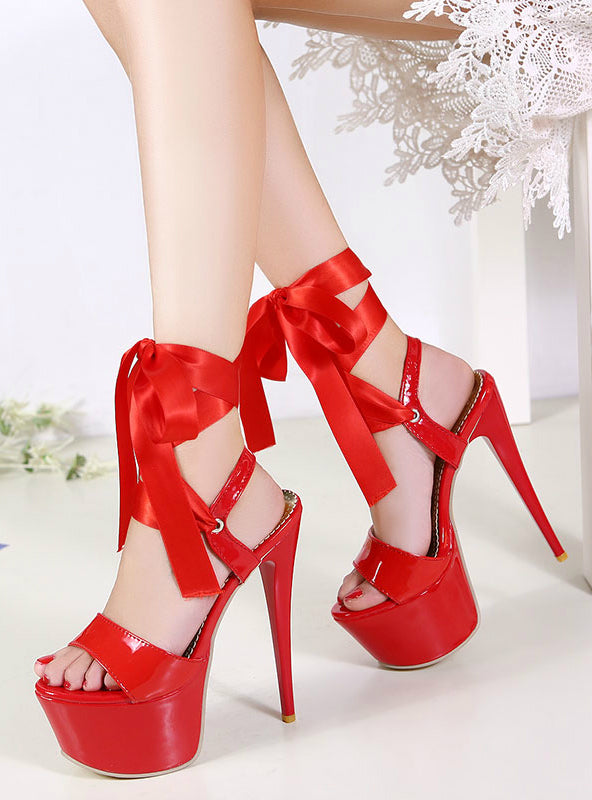 red open toe lace up heels