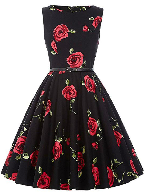 Black Rose Flower Short Vintage Dress With Sash – Lilacoo