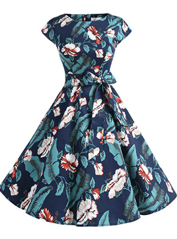 Blue Print Cap Sleeve Short Vintage Dress – Lilacoo