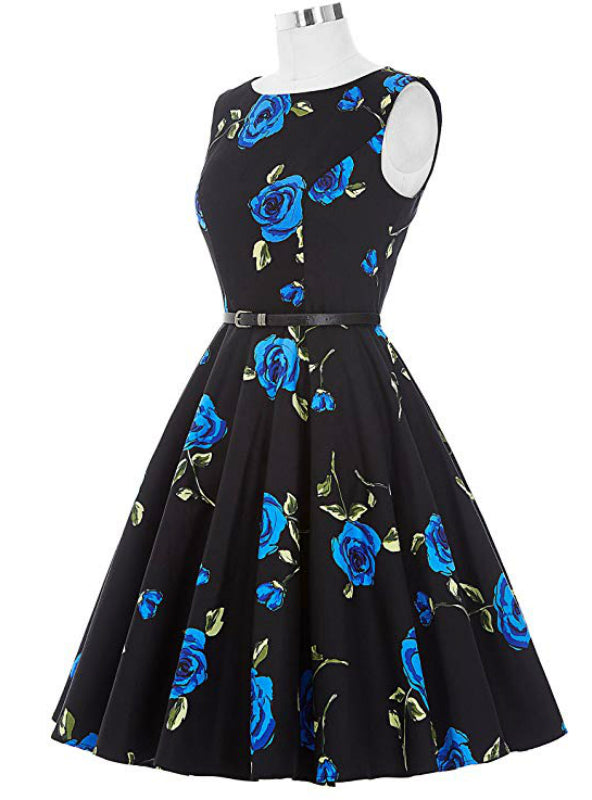 Black Rose Flower Short Vintage Dress With Sash – Lilacoo