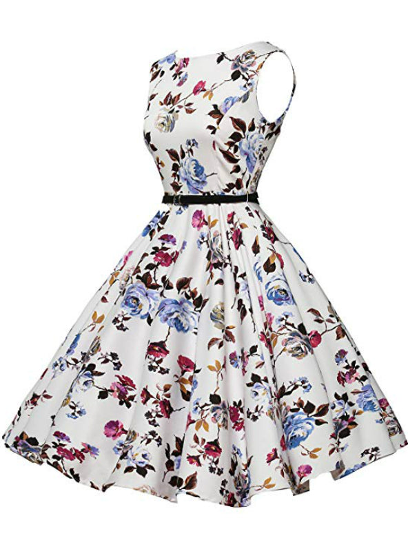 Women White Print Short Vintage Dress With Sash – Lilacoo