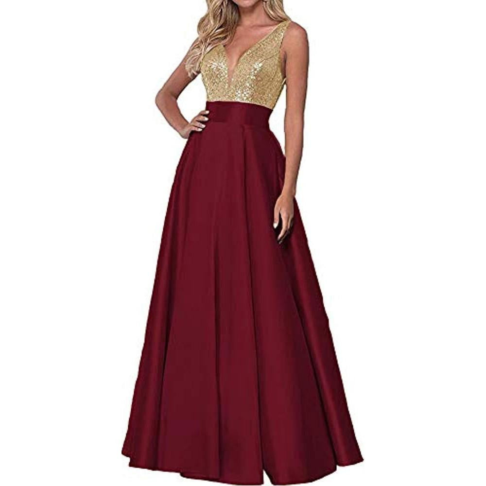 sd-hk Rose Gold Prom Skirt Sequin V Neck Bridesmaid Dress | S&DCo.