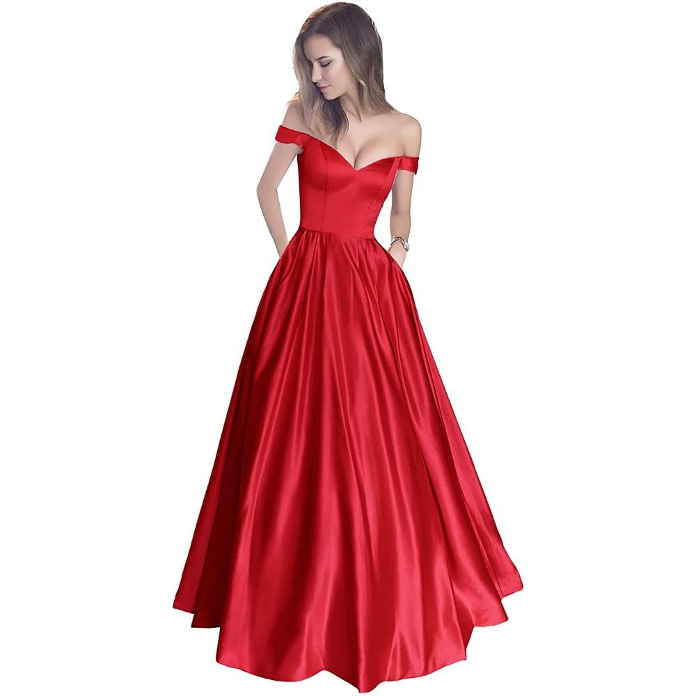 off the shoulder beaded satin evening prom dress with pocket