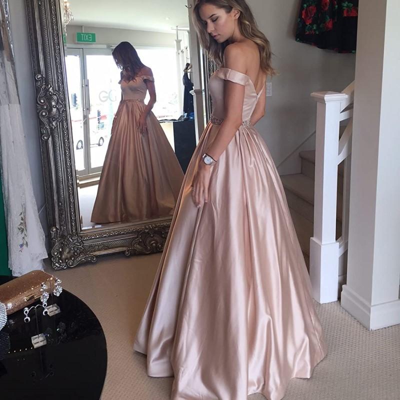 off the shoulder beaded satin evening prom dress with pocket