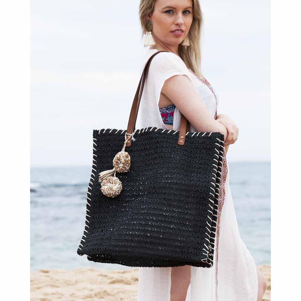 Black Straw Beach Bag with Straw Pom Poms - Bohemian Inspire