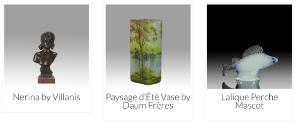 Nerina by Villanis, Paysage d’Été Vase by Daum Frères, Lalique Perche Mascot