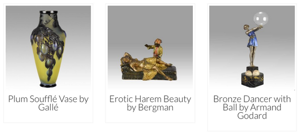 Plum Soufflé Vase by Gallé, Erotic Harem Beauty by Bergman, Bronze Dancer with Ball by Armand Godard
