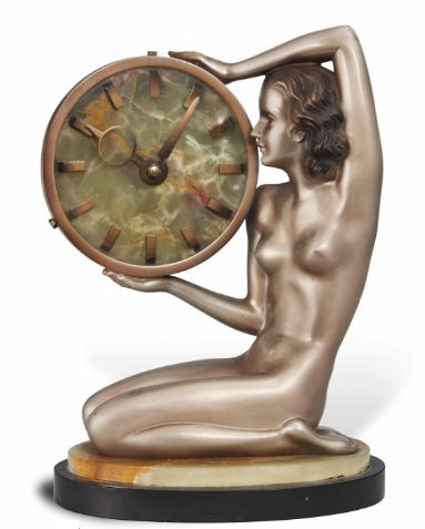 A Josef Lorenzl (1892-1950) Cold-Painted Art Deco Bronze and Onyx Timepiece with Deco Lady ~ Circa 1920.