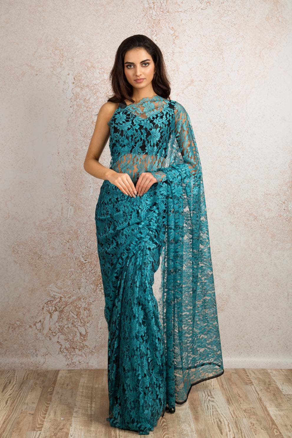 Turquoise French Chantilly Lace Saree – FRESHERS PARTY LOOK IN SAREE