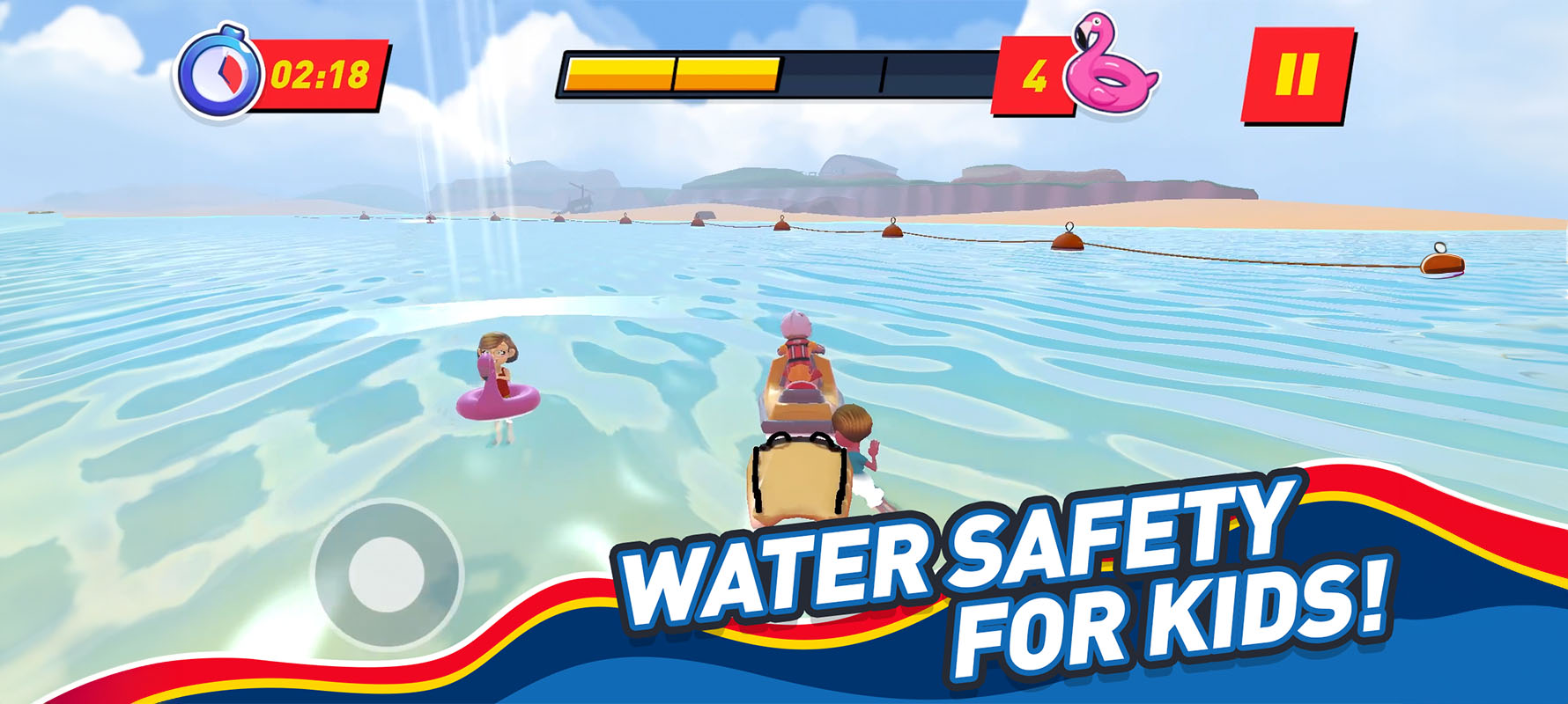 A still from the RNLI’s Storm Force Rescue game showing a lifeguard rescuing a person in the sea using a rescue watercraft.