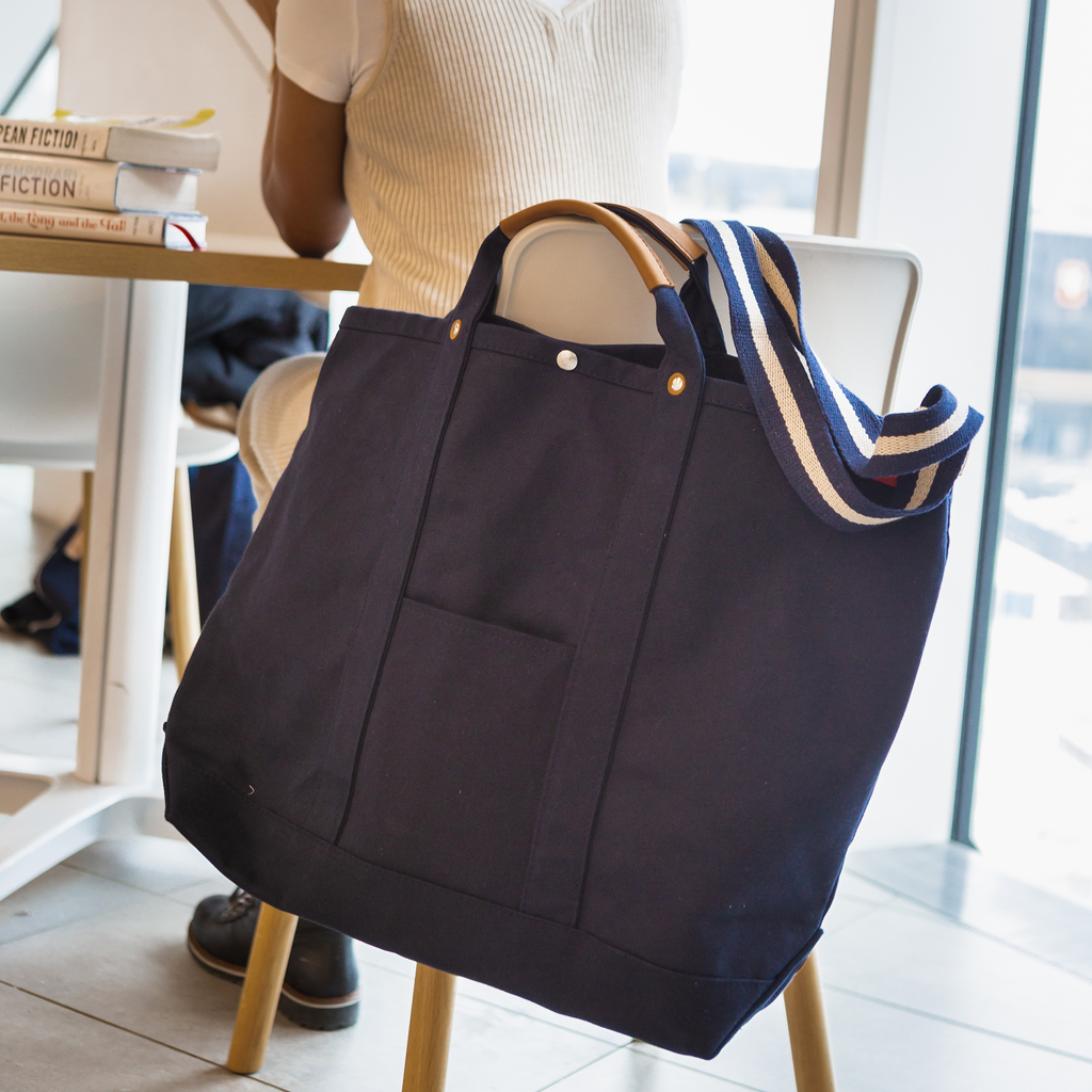 ShoreBags  Deluxe Market Box Canvas Tote - Blue Trim - Boat, Beach