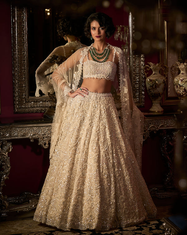 Photo of Gold sequin lehenga with navy blue border