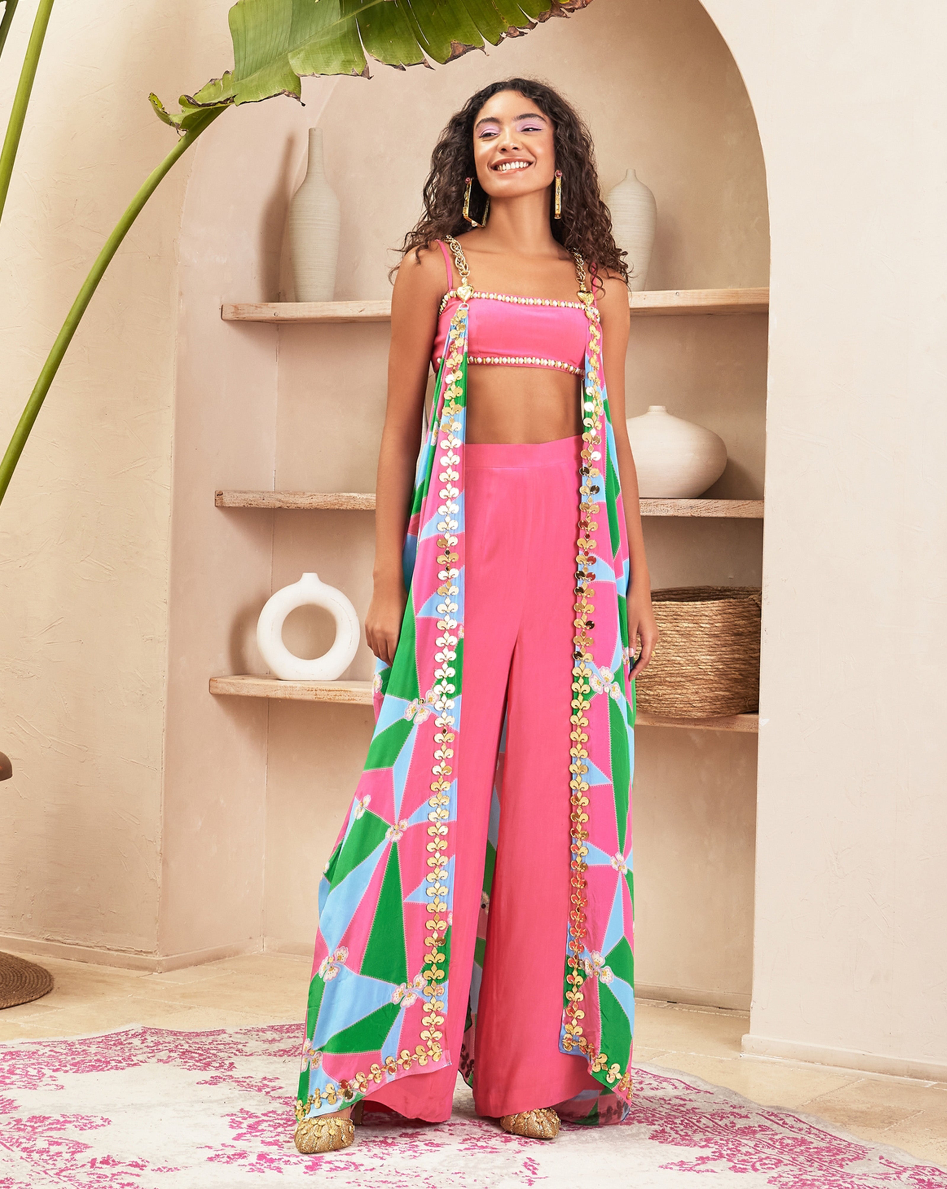 Gabriella Pink Pant & Bustier with Multi Colour Jacket Set