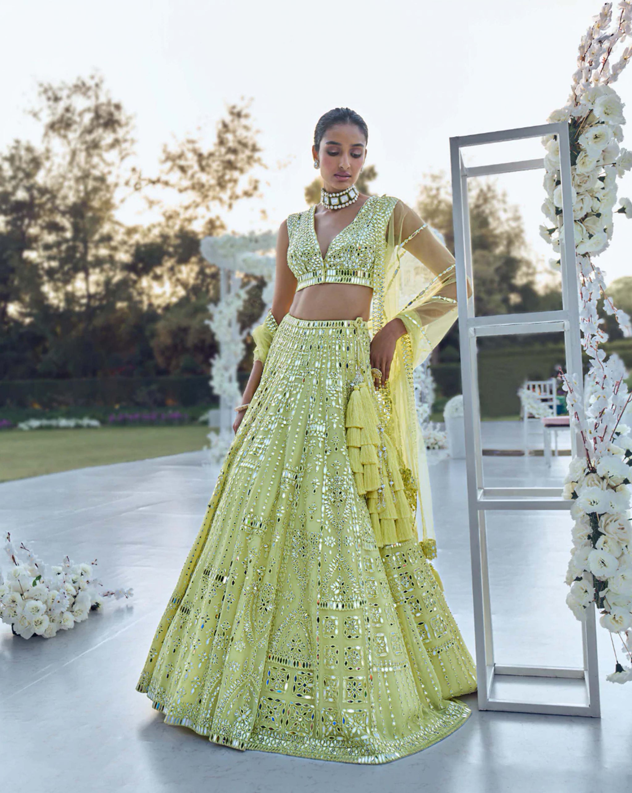 Embroidered Satin Lehenga in Light Yellow : LQM544