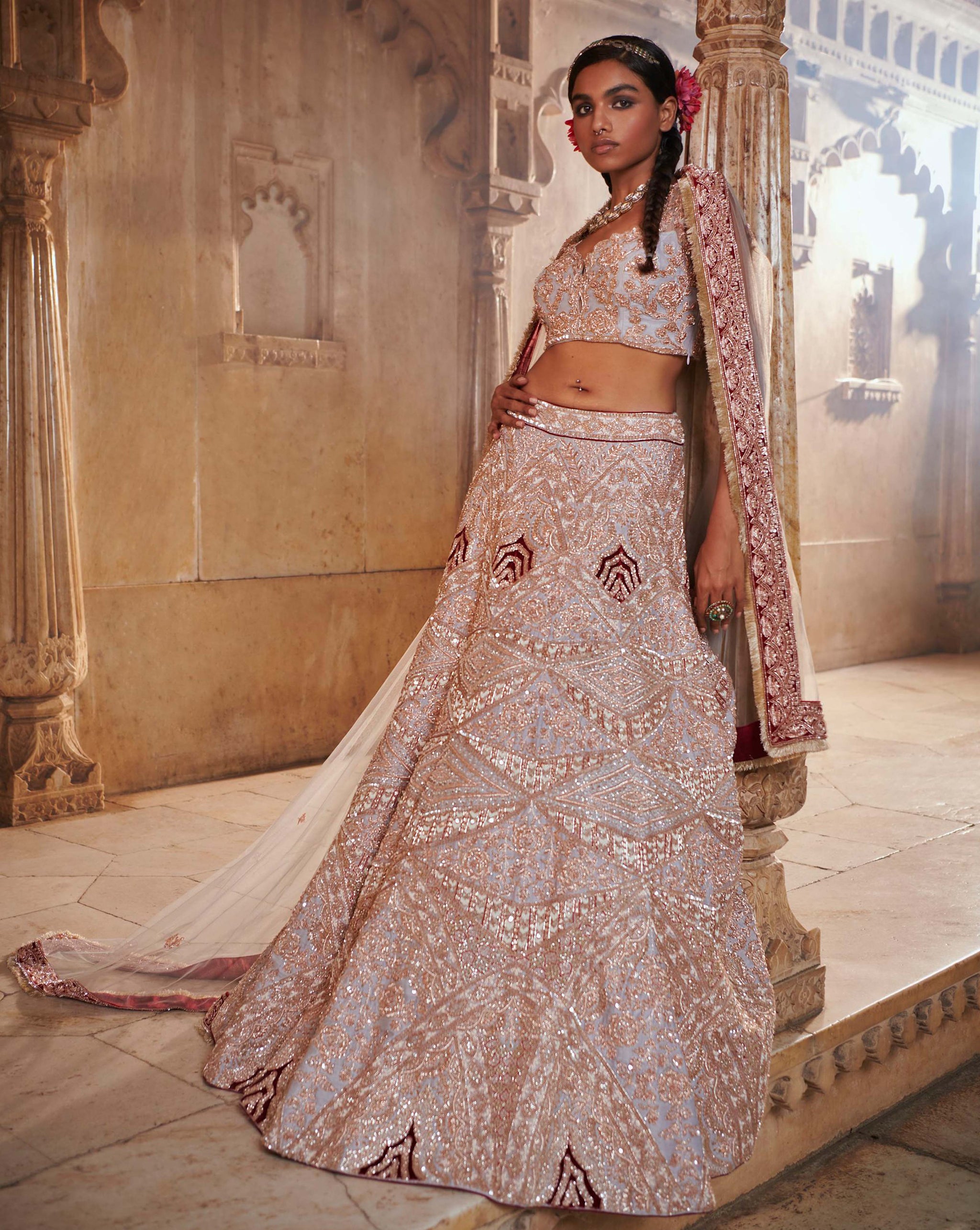 Golden Peach Gota Embroidered Lehenga Set Design by Tarun Tahiliani at  Pernia's Pop Up Shop 2024