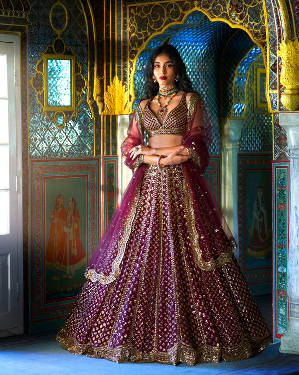 Wine Tulle Bridal Lehenga Set Design by Falguni Shane Peacock at Pernia's  Pop Up Shop 2024