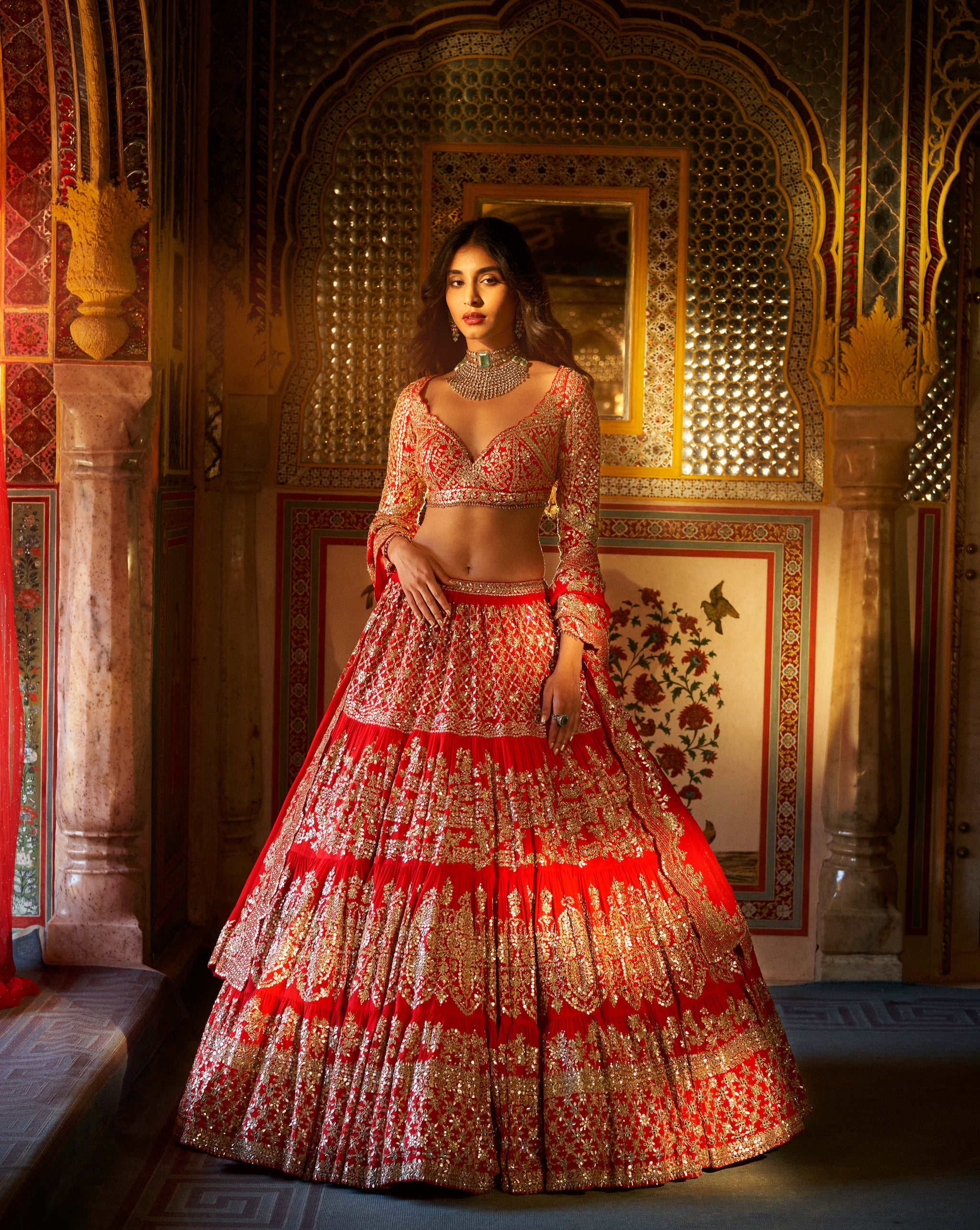 Red Bandhani Digital Printed Traditional Lehenga With High Neck Choli –  Cygnus Fashion