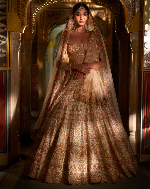 Coconut & Gold Embroidered Bridal Lehenga Set | Arpita Mehta – KYNAH