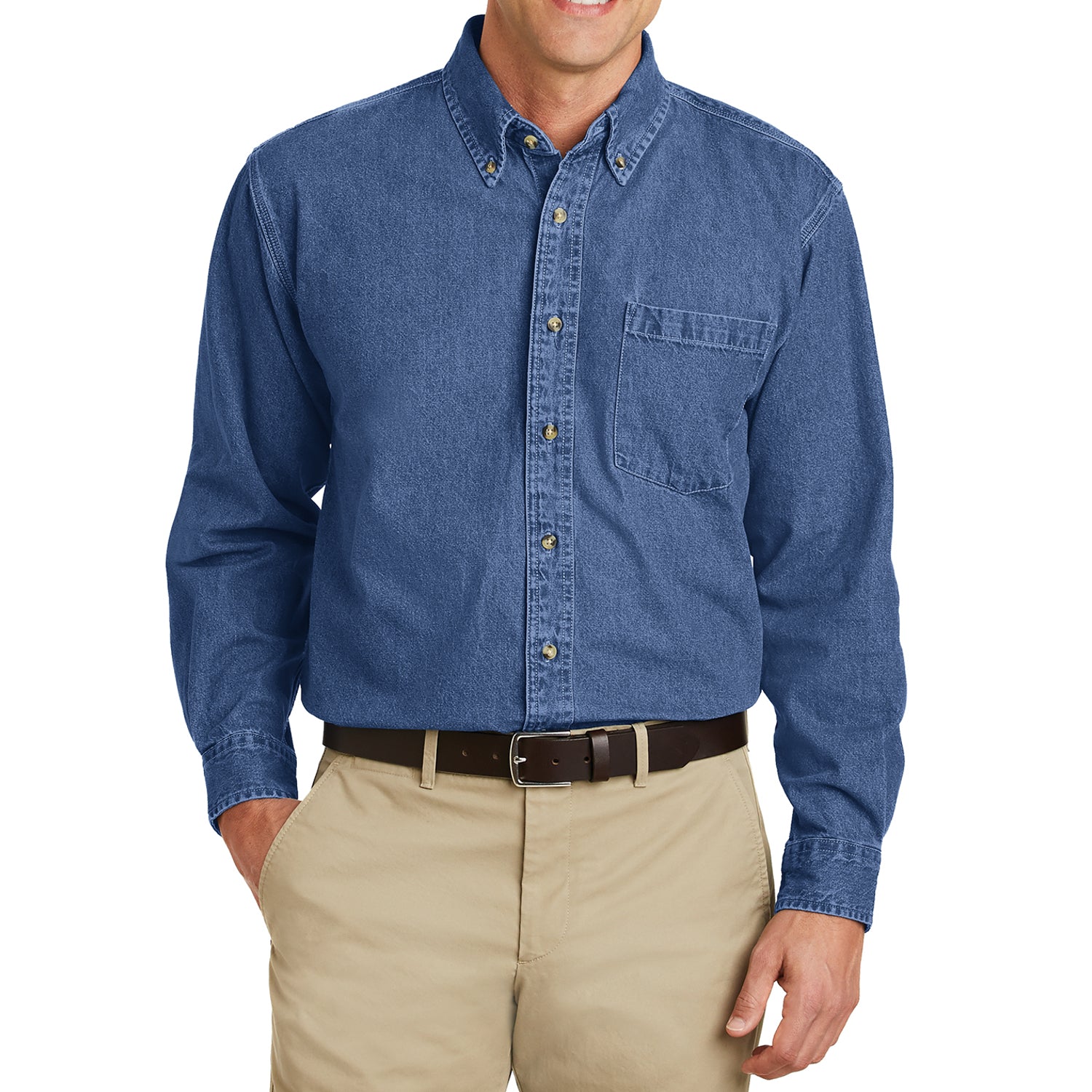 khaki pants denim shirt