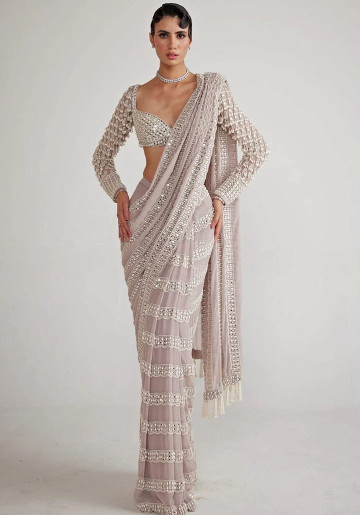 Ash pink pearl embellished wedding saree for brides by Vvani – pre-draped and globally available.