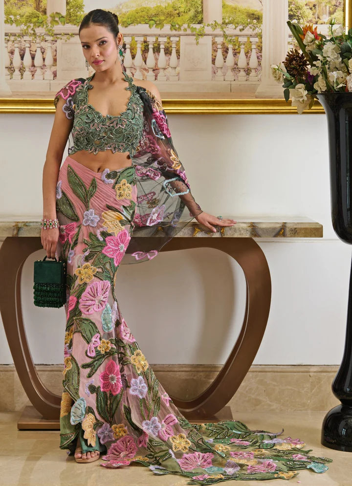 Floral pre-draped pink and green wedding saree for Mehendi by Moledro – shop globally.