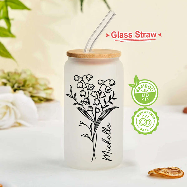 Personalized Bridesmaid Birth Flower Frosted Glass Tumbler