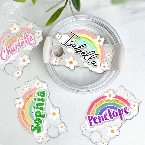 Retro Rainbow With Flowers Tumbler Name Tag