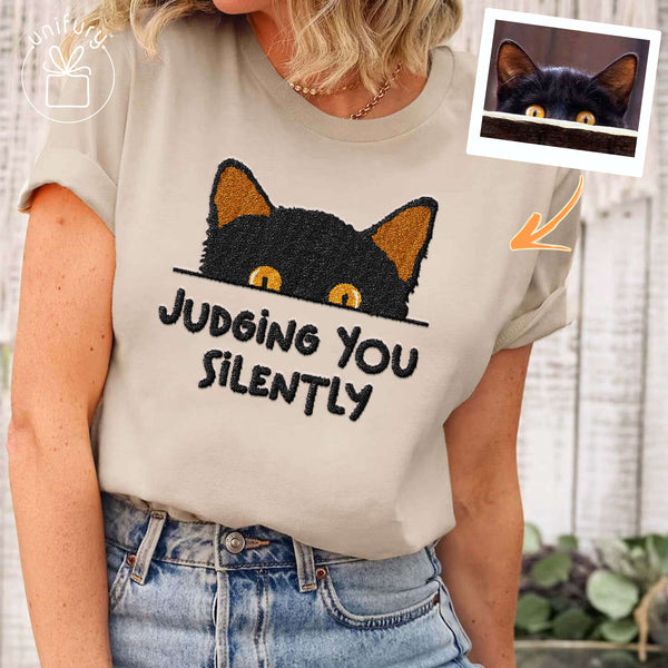 Cat Peeking Hiding Custom Photo Embroidered T-shirt