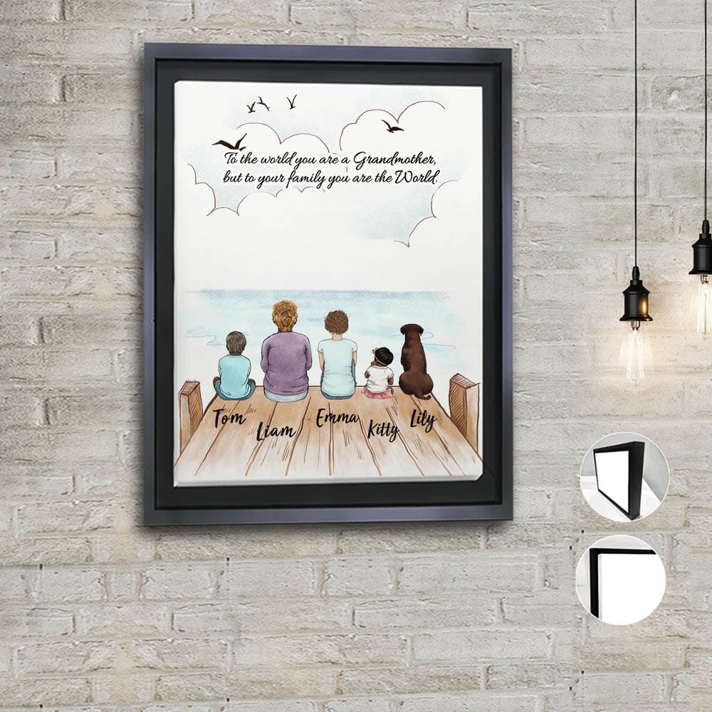 Personalized gifts for grandparents framed canvas with custom message - UP TO 5 PEOPLE &amp; PETS - Wooden Dock