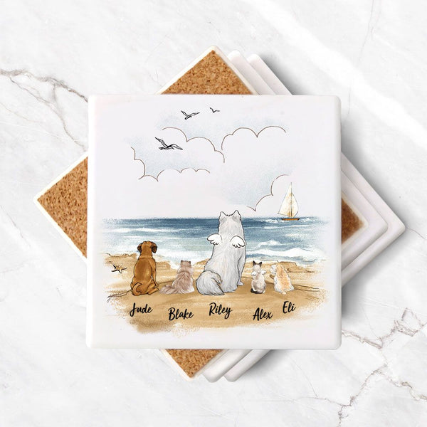 Personalized stone coasters (set of 4) gifts for dog cat lovers - DOG & CAT - Beach - 2365
