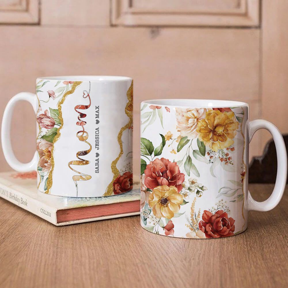 Personalized Mom Edge to Edge Coffee Mug Floral Coffee Mugs for Women 11oz Unifury