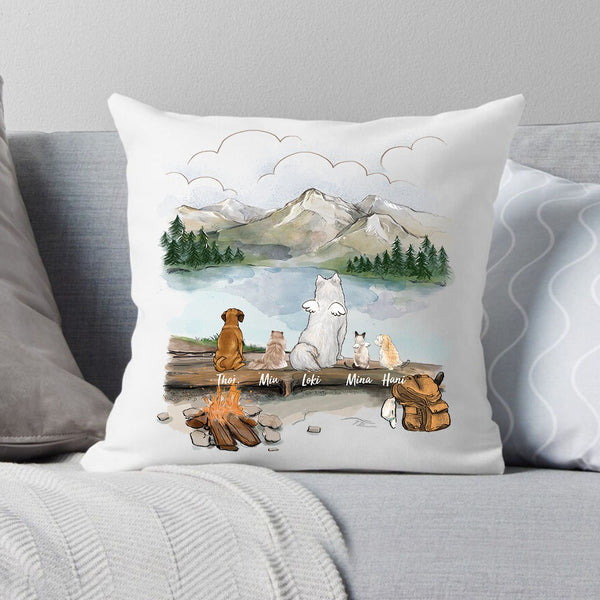 owner hiking with dog and cat canvas or linen or suede pillow gift for dog cat lovers