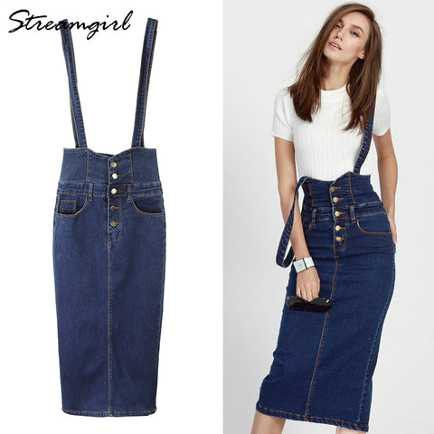 Welp Streamgirl Lange Denim Rok Met Bandjes Vrouwen Knop Jeans Rokken WV-18